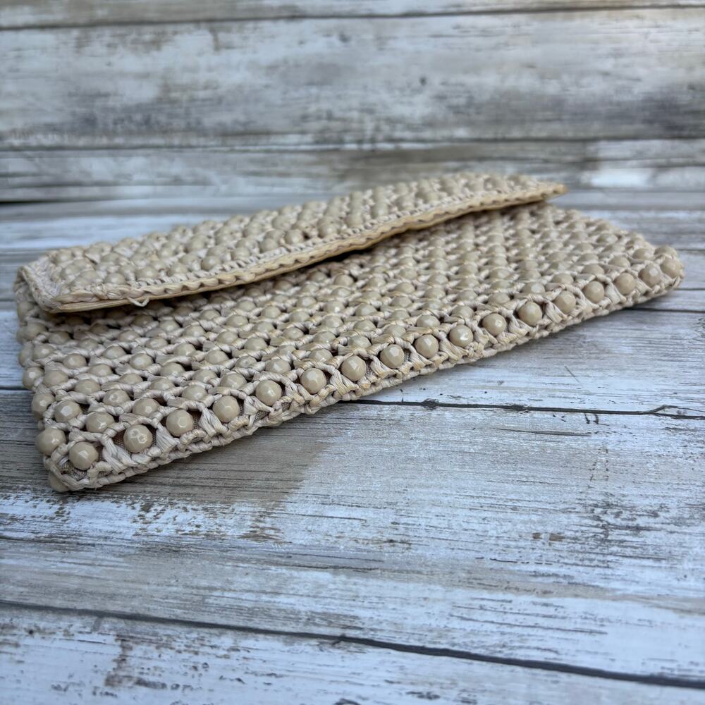 Barbara Lee Vintage Beaded Raffia Clutch Tan Beige Good Woven Made in Italy - Picture 2 of 12